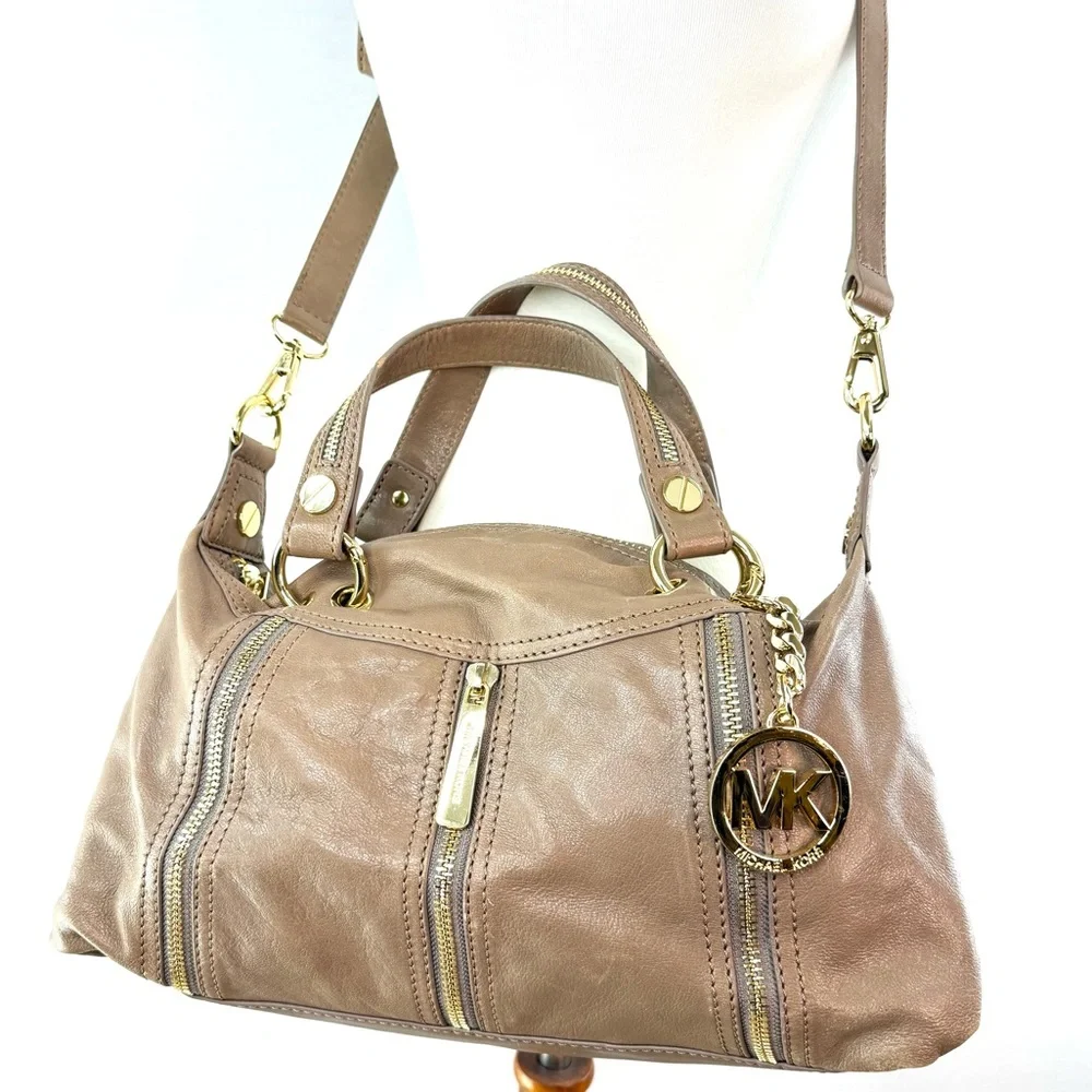 Michael Kors Moxley Taupe Leather Shoulder Crossbody Bag